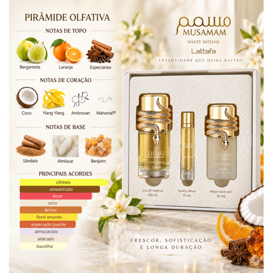 Kit Feminino Musaman White Intense EDP 100mL + Travel Spray 10ML + Perfume Capilar 50mL – Lattafa